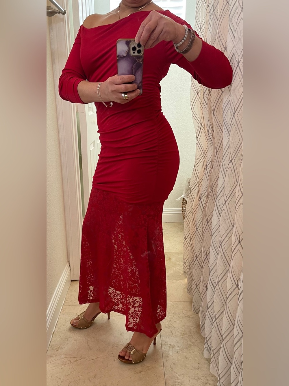 Elegant Red Lace-Trim Maxi Dress